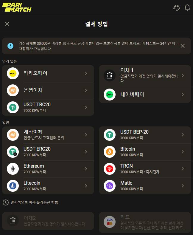 금융 거래를 위한 사용 가능한 결제 시스템 선택